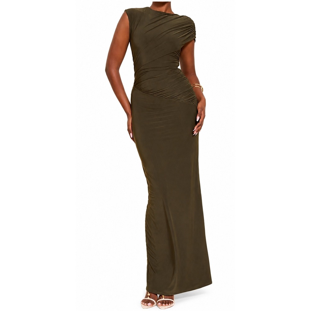 PrettyLittleThing‎ Khaki Green Off Shoulder Bodycon Maxi Dress NWT Size 12
